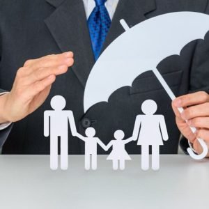 Family,Life,Insurance,,Financial,Security,Concept,:,Businessman,Protects,Family Family life insurance, financial security concept : Businessman protects family members e.g parents and two child, depicts protection from insurer, they will pay a lump sum for clearing burden of debt